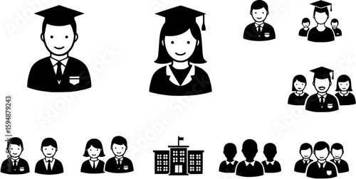 set of Man girl students classmates pictogram icon in a collection with other items
