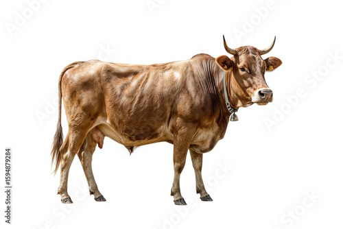 A majestic brown cow stands confidently its bell softly chiming in a serene moment captured on transparent background