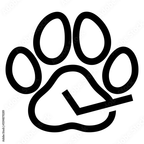 Logo pet friendly. Icono pata de perro o gato con check mark con líneas	