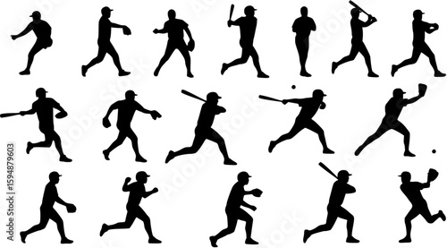 Set of baseball players icon vector silhouettes.

