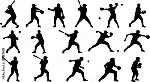 Set of baseball players icon vector silhouettes.
