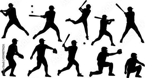 Set of baseball players icon vector silhouettes.
