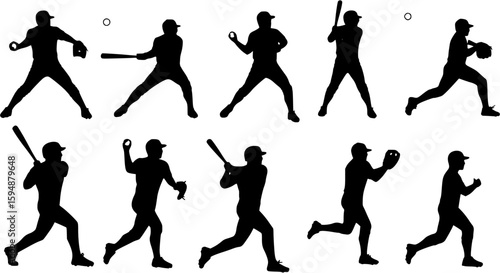 Set of baseball players icon vector silhouettes.
