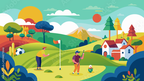 Golfers enjoy a vibrant day on the green with a soccer ball