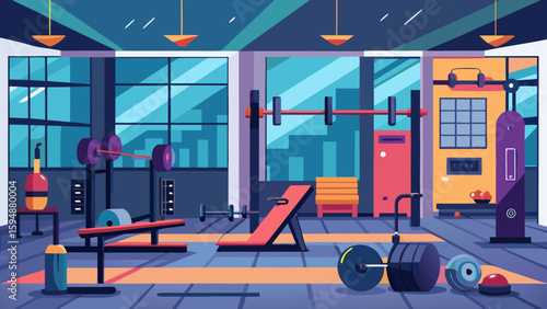 Modern gym interior with weightlifting equipment and city view