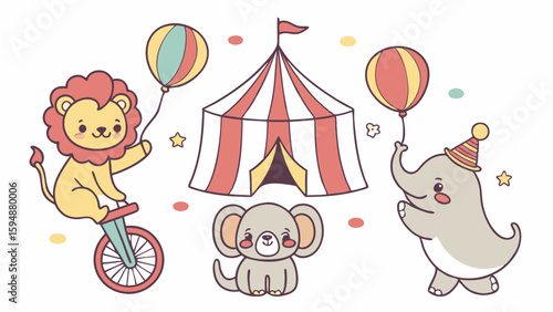 Cute cartoon circus animals illustration. Lion, elephant, and cute baby animal with tent and balloons for children's party.
