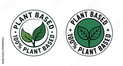"100% Plant Based" green circular labels with stylized leaf illustrations, emphasizing vegan, organic, and natural product attributes for food, beverage, or cosmetic branding.