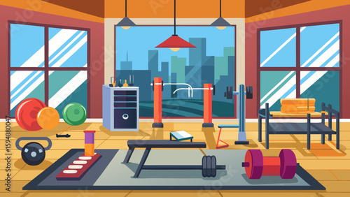 Modern home gym with city view and weightlifting equipment