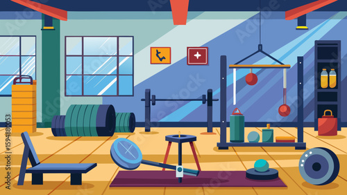 Modern gym interior with weightlifting equipment and workout accessories