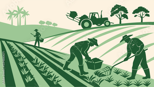 Farmers working on agricultural field with crops and tractor. Rural farm landscape, people cultivating land. Farming illustration.