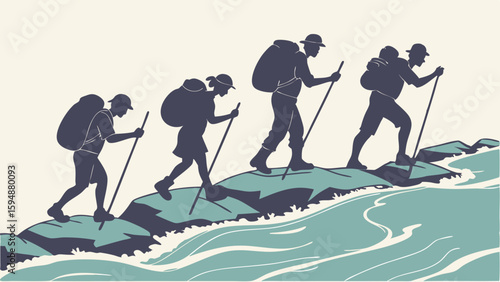 People hiking uphill on a rocky path by the water. Group of trekkers with backpacks and poles on an outdoor adventure journey.