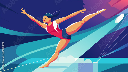 Graceful gymnast in mid air performance with dramatic lighting
