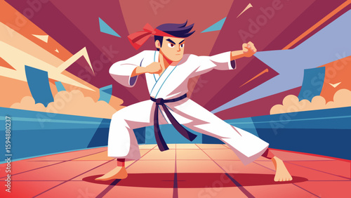 Karate fighter in action stance with dynamic background