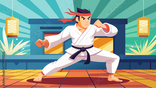 Martial artist in dynamic pose in dojo