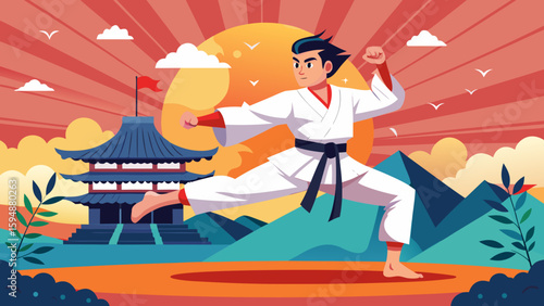 Karate practitioner in action with traditional japanese temple background