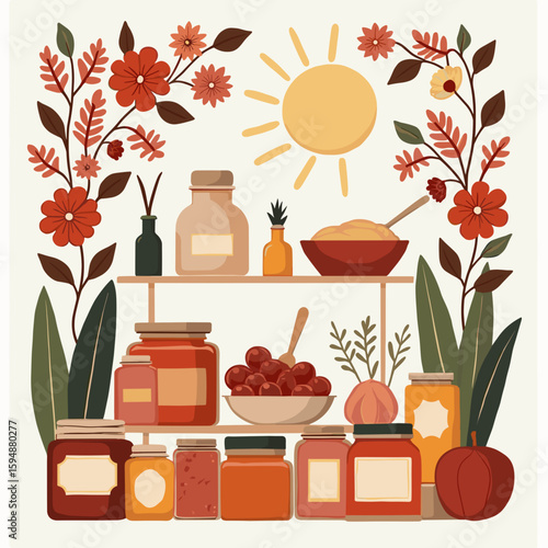 Stylized pantry shelf illustration with jars of food, jams, spices, flowering plants, warm earthy colors, harvest-themed home décor, sun above.