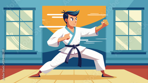 Martial arts athlete demonstrates karate stance in training room