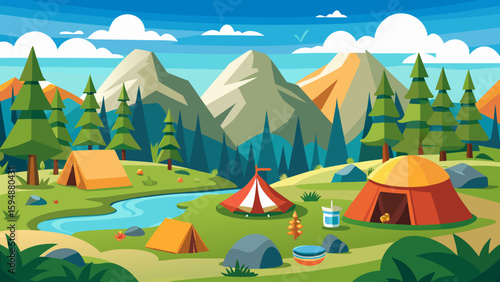 Vibrant mountain landscape with tents and a winding river