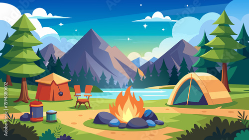 Vibrant lakeside camping scene with mountains and campfire