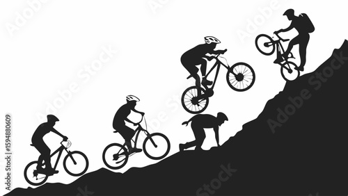Mountain biking uphill challenge. Cyclist progression, effort, determination, and overcoming obstacles in sport.