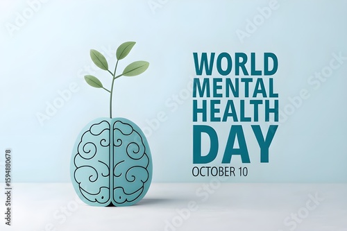 World Mental Health Day vector. Human brain with a tree vector. Mental health icon vector. A green tree growing from human brain vector. Mental Health Day Poster, October 10. Important day
