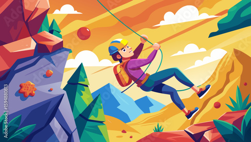 Adventurous person rappelling down a colorful mountain landscape