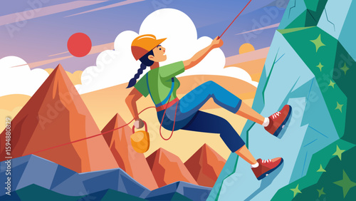 Woman rock climbing up a mountain with a colorful sky