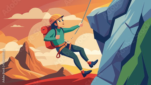 Cartoon rock climber rappelling down a mountain at sunset