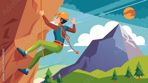 Woman rock climbing up a mountain with a scenic background