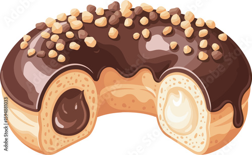 Chocolate glazed donut with chopped nuts cut to reveal dual chocolate and cream fillings.