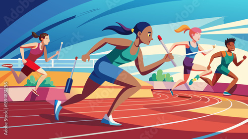 Diverse athletes compete in a vibrant track and field relay race