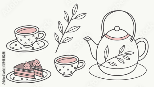 Tea time set with teapot, teacups, and cake. Hand drawn line art vector illustration. Cozy afternoon tea and dessert.