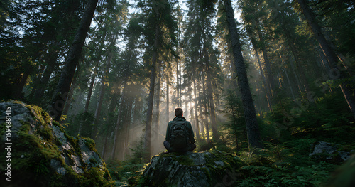 Breathing, fresh air and man in nature, calm or hiker on vacation in woods, wellness or backpacking. Hiking, backpacker and black person in forest, peace and mindfulness on holiday and free time #1594881415
