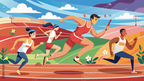 Athletes competing in a vibrant track and field relay race