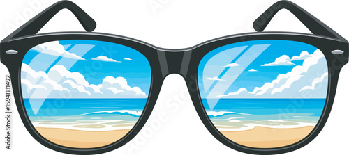Stylish black wayfarer sunglasses with a vibrant reflection of a sunny beach ocean waves and a cloudy blue sky.