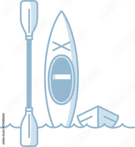 Minimalist blue icon of a kayak double-bladed paddle and a capsized boat floating on stylized water waves.