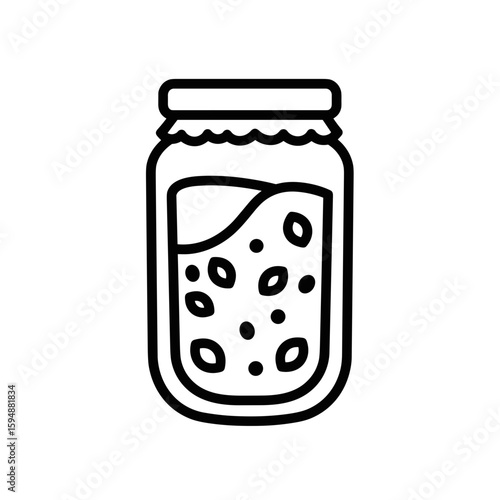 Line art vector icon of a jar filled with jam featuring seeds for culinary designs