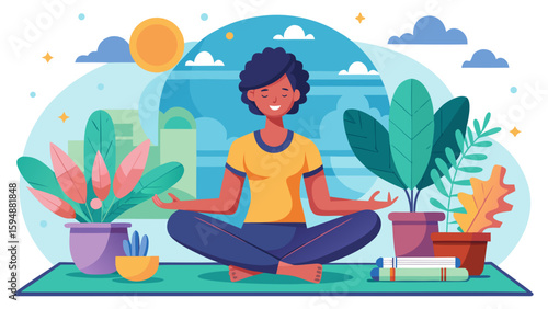Woman meditating outdoors surrounded by plants and books