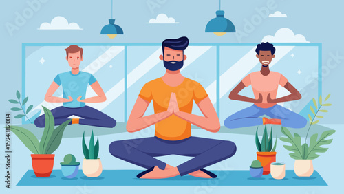Diverse men meditating together in a bright modern studio with plants