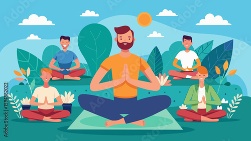 Men practicing yoga outdoors in a park with trees and sun