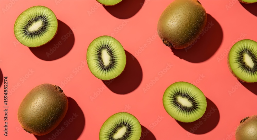 Fototapeta premium Fresh kiwi fruit halves and whole fruits arranged on a vibrant coral background, top view