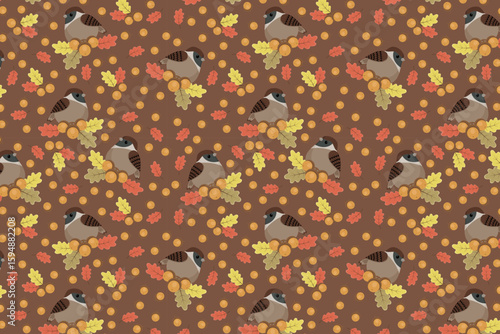 Seamless sparrow and oak leaf pattern with yellow berries on brown background – swatch available in swatches panel