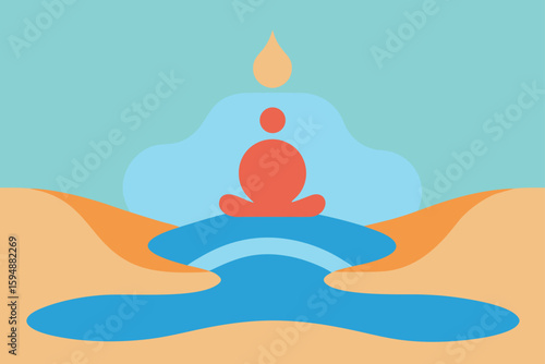 Cartoon vector illustration of yoga in the lotus position on the beach with the ocean, sun, and sky