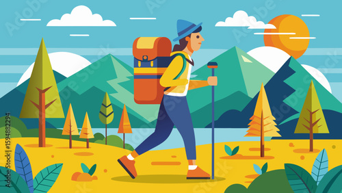 Hiker with backpack and pole in a mountainous landscape