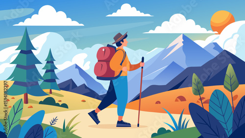 Hiker with backpack and trekking pole in mountains