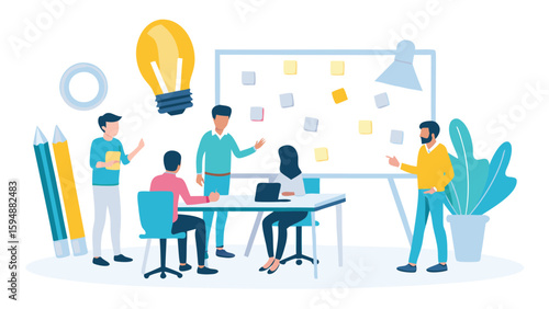 Team brainstorming in an office with a whiteboard, lightbulb, and pencils, creating innovative ideas