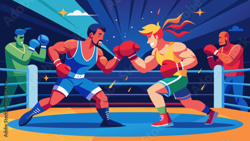 Dynamic boxing match with energetic fighters in a ring