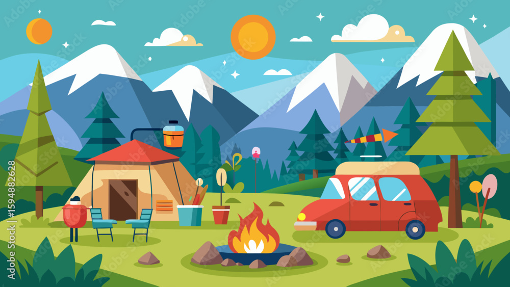Naklejka premium Mountain camping scene with tent car and campfire
