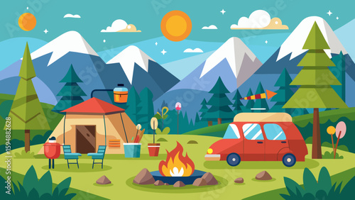 Mountain camping scene with tent car and campfire