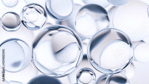 essential Oil Bubbles for cosmetics in water. blue liquid bubbles, fluid flow. Collagen, atoms floating, Moisturizing Cream, Skin Serum, Vitamin, beauty concept, 3d render